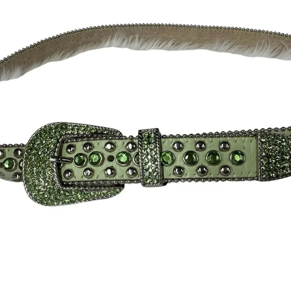 Christine Alexander Swarovski Crystal Studded Green Leather Belt Size Large - Picture 10 of 16